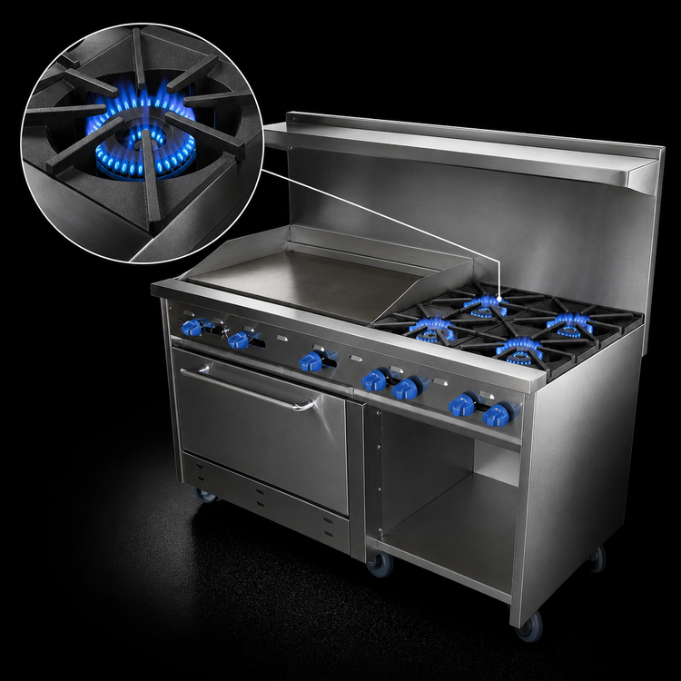 Product image #3 for Comstock-Castle 60-Inch Commercial Gas Range with 6 Star Burners, 24-Inch Griddle, 31-Inch Oven, and Cabinet Base Storage