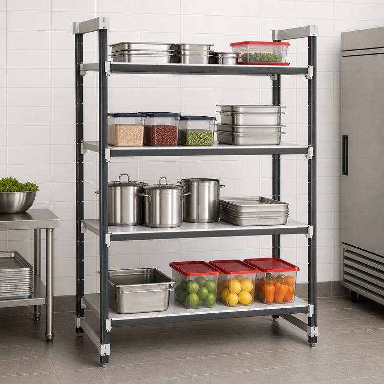 Product image #3 for Cambro Camshelving Elements XTRA 4-Shelf Solid Stationary Polymer Shelving Starter Unit, 24 x 42 x 72 Inches, Speckled Gray