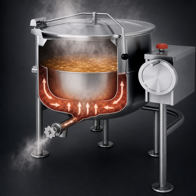 Product image #3 for Cleveland Range 80-Gallon Direct Steam Tilting Steam Kettle with 2/3 Steam Jacket and Open Quad-Leg Base