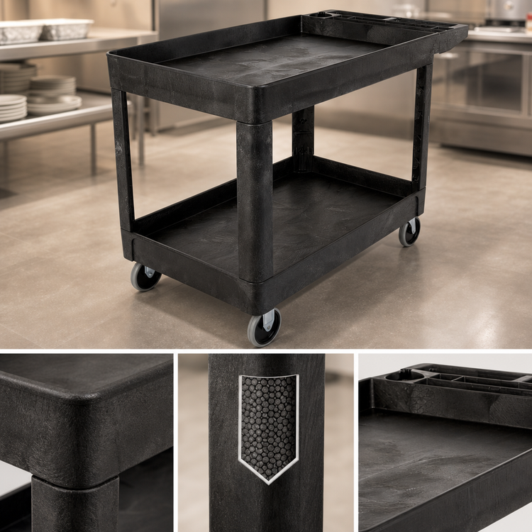 Product image #3 for Rubbermaid Commercial Products Heavy-Duty Black Structural Foam Bus Cart with 2 Lipped Shelves