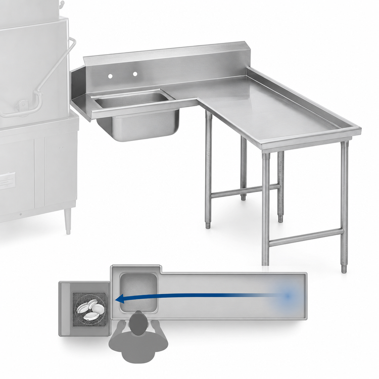Product image #3 for Advance Tabco DTS-G70-72R Right-Hand L-Shaped Island Soil Dish Table with Pre-Rinse Sink, 71-Inch, 16-Gauge 304 Stainless Steel