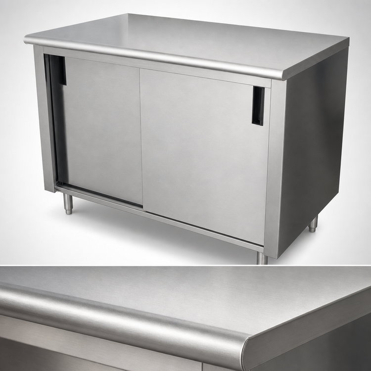 Product image #3 for Advance Tabco Special Value Series Economy Flat-Top Enclosed Work Table with Cabinet Base, Mid-Shelf, and Sliding Doors, 120 x 24 Inches, 16-Gauge 304 Stainless Steel Top