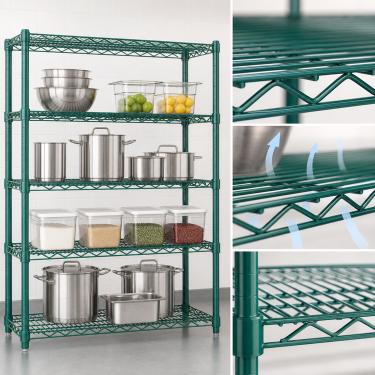 Product image #3 for Valu-Gard 4-Tier Stationary Starter Wire Shelving Unit with QuadTruss Shelves, 48W x 21D x 63H, Green Epoxy