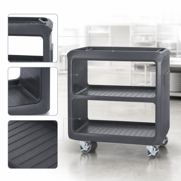 Product image #4 for Cambro Service Cart Pro Small Open-Side Bus Cart, 3 Shelves, 4 Swivel Casters, Charcoal Gray