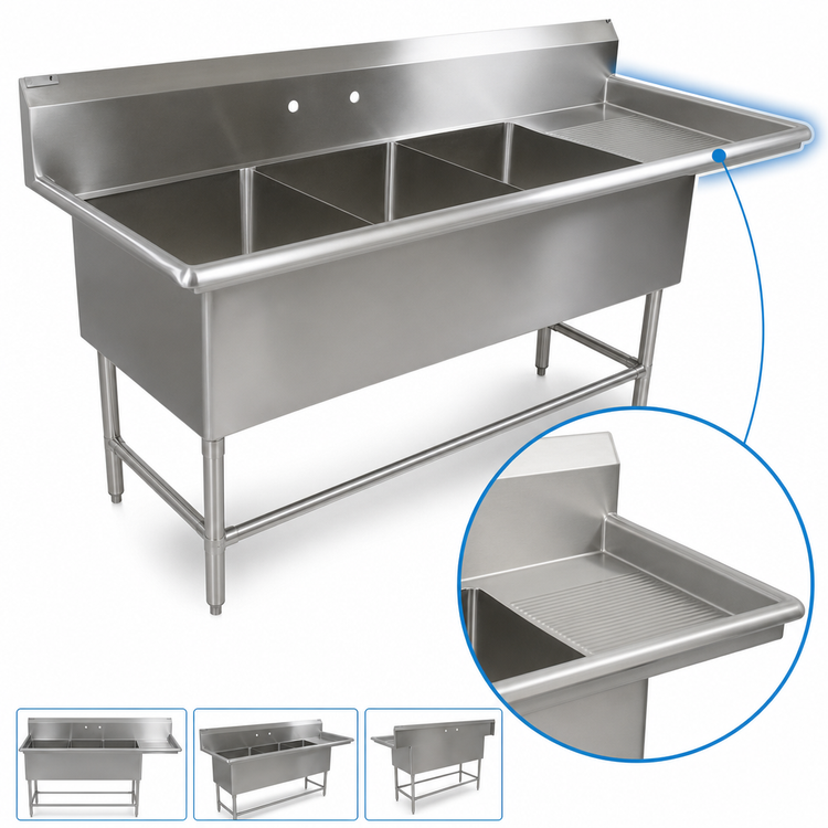 Product image #3 for John Boos Pro-Bowl 3-Compartment Commercial Sink with Right-Hand Drainboard, 14-Gauge Stainless Steel, 82-3/16 x 23-1/2 x 44-1/16 Inches