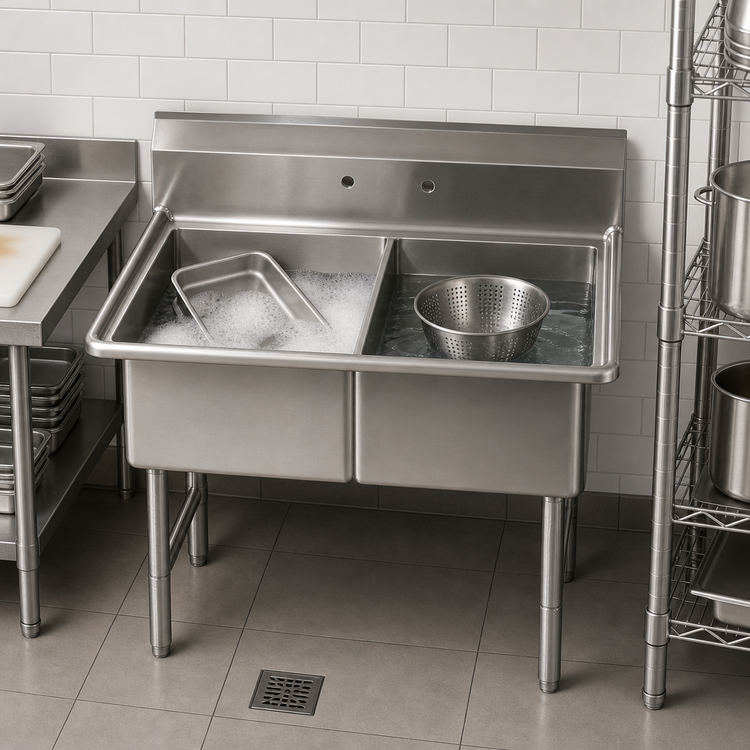 Product image #3 for BK Resources Two Compartment No-Drainboard Stainless Steel Sink, 24 x 24 x 14 Inch Bowls
