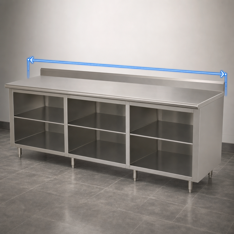 Product image #3 for Advance Tabco 108-Inch 304 Stainless Steel Work Table with Open Front Cabinet Base, Mid-Shelf, and 5-Inch Backsplash