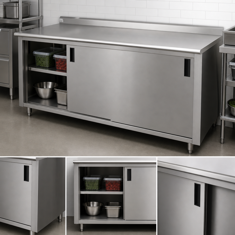 Product image #3 for Advance Tabco 144-Inch x 24-Inch Enclosed Work Table with Sliding Doors, 14-Gauge 304 Stainless Steel Top, 1-1/2-Inch Rear Up-Turn