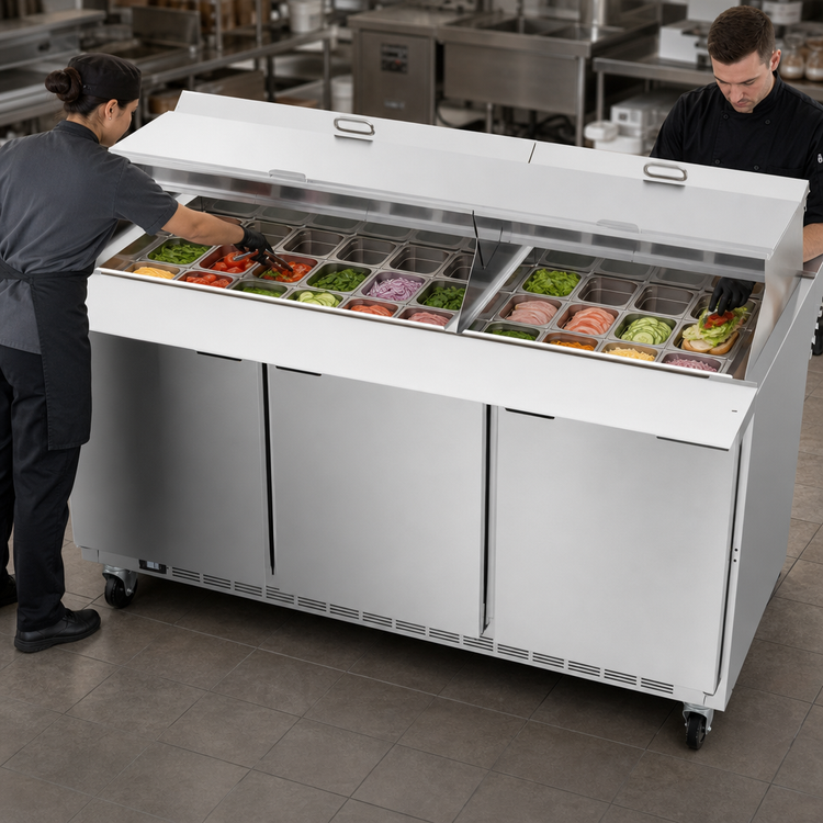 Product image #3 for Beverage-Air Dual-Side Mega Top Refrigerated Prep Table, Three-Section, 72-Inch, 30-Pan, 3 Doors