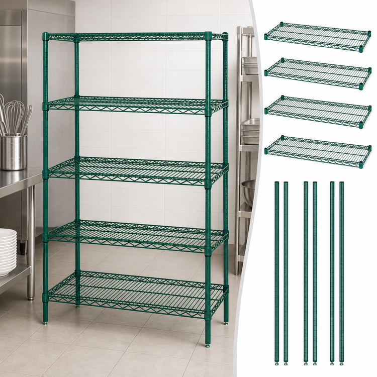 Product image #3 for Quantum 72"W x 24"D x 54"H 5-Shelf Wire Shelving Starter Kit with Green Epoxy Antimicrobial Finish