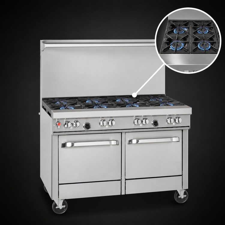 Product image #3 for Southbend Ultimate 48-Inch Commercial Gas Restaurant Range with 7 Open Burners, Standard Oven, Cabinet Base, and Shelf Backriser