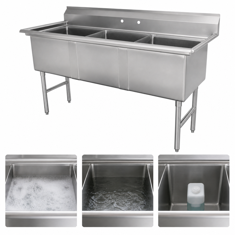 Product image #3 for Advance Tabco Special Value Series Fabricated 3-Compartment 304 Stainless Steel Sink, 50 x 21 in., 15 x 15 x 14 in. Bowls, No Drainboards