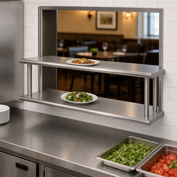Product image #3 for BK Resources Double Tier Wall-Mounted Pass-Through Shelf, 60 x 18 Inches, 304 Stainless Steel