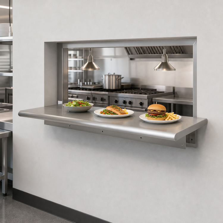 Product image #3 for BK Resources 108-Inch x 18-Inch Stainless Steel Pass-Through Shelf, 5-Inch Wall Thickness