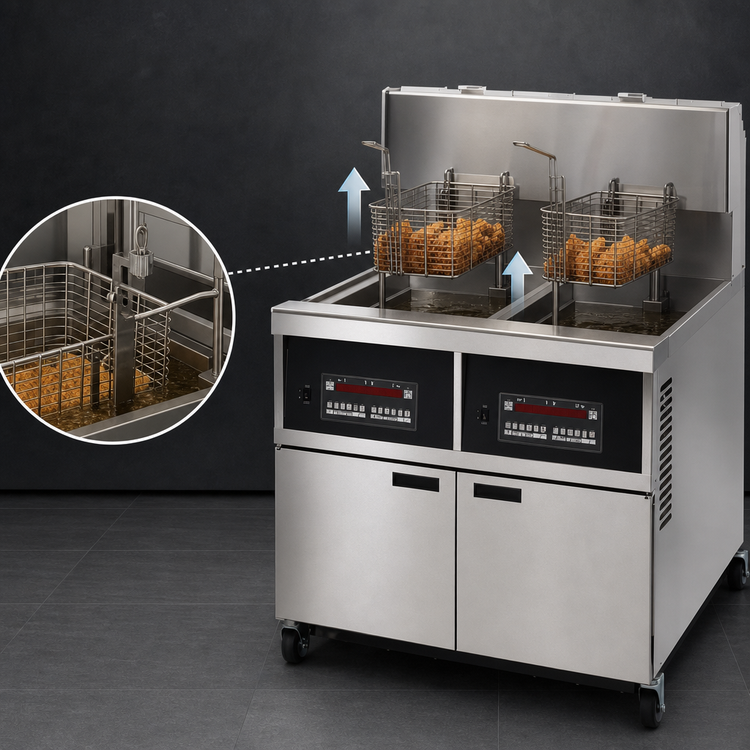 Product image #3 for Henny Penny OEA 342 2-Well Electric Large Capacity Auto-Lift Open Fryer with Built-In Filtration