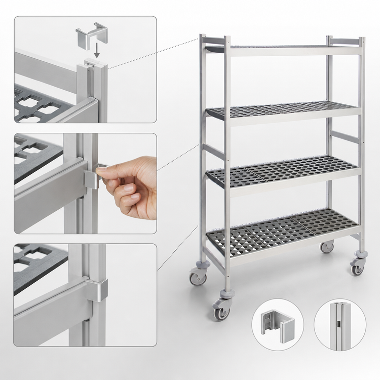 Product image #3 for Fermostock 4-Tier Mobile Shelving Unit with Removable Polymer Inserts, 64"W x 22"D x 71"H, Gray