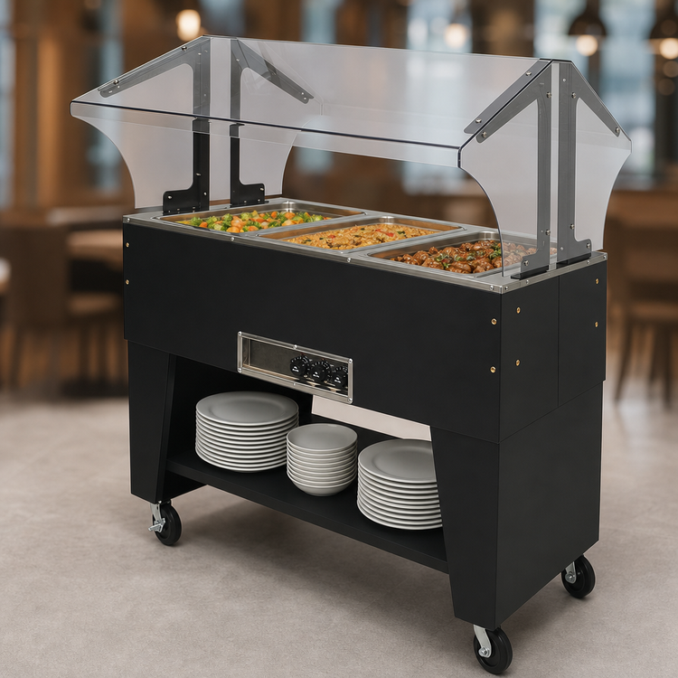 Product image #3 for Portable Electric Hot Food Buffet Table with 3 Galvanized Wells, Open Base, Double-Sided Sneeze Guard, 47-1/8 Inch Wide, 208-240V