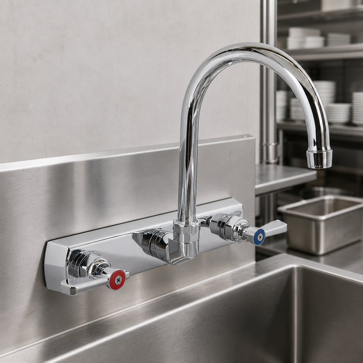 Product image #3 for BK Resources OptiFlow Heavy Duty Solid Body Splash Mount Faucet with 8-Inch Gooseneck Spout
