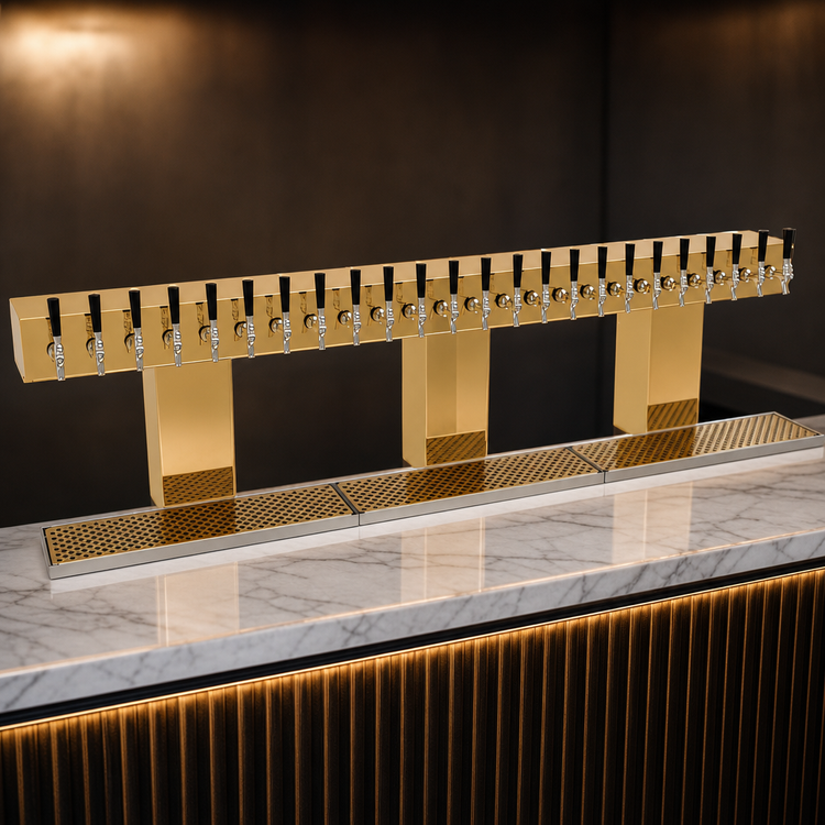 Product image #3 for Glastender BRT-24-PBR Triple-Column Countertop Glycol-Cooled Bridge Draft Dispensing Tower, 24 Faucets, Polished Brass Finish