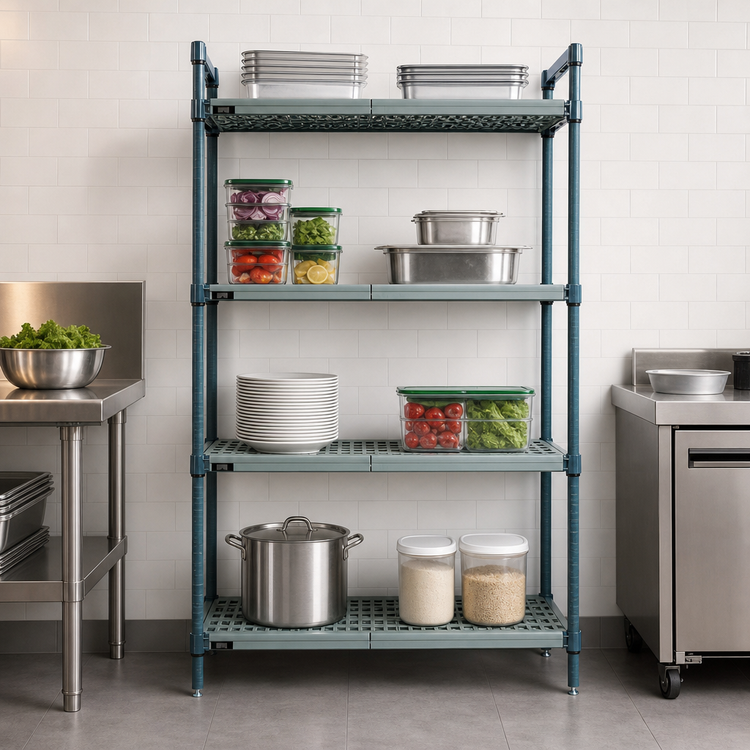 Product image #3 for Quantum 4-Tier Stationary Wire Plastic Mat Shelving Unit, 48 x 24 x 63 Inches, Green Epoxy