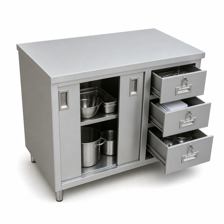 Product image #3 for 60-Inch Stainless Steel Flat Top Enclosed Work Table with Cabinet Base, Sliding Doors, and 3 Drawers