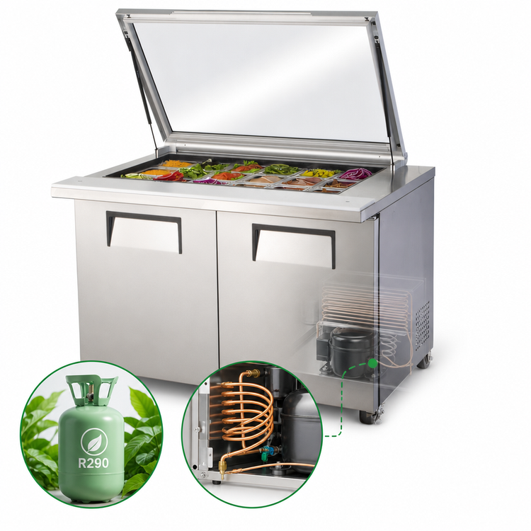 Product image #3 for True 48 3/8-Inch Wide Mega-Top Sandwich/Salad Refrigerated Prep Table with Flat Glass Lid, 2 Solid Doors, 18-Pan Capacity