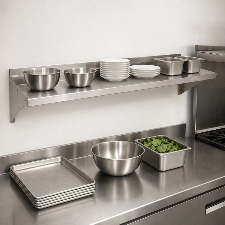 Product image #3 for John Boos Stallion 48" x 16" Wall-Mounted Stainless Steel Shelf with Safety Edge Front and 1-1/2" Rear Up-Turn