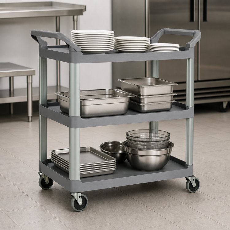 Product image #3 for Rubbermaid Commercial Xtra 3-Shelf Open-Sided Utility Bus Cart, Gray
