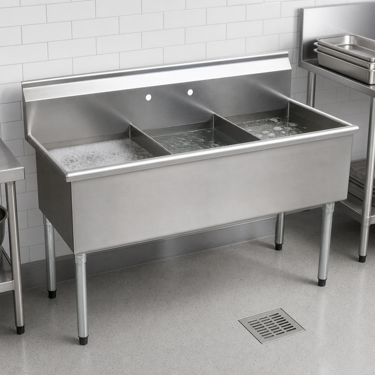 Product image #3 for Eagle Group Three-Compartment Utility Sink, 55-3/8 Inch W x 25 Inch D, 16 Gauge 304 Stainless Steel, No Drainboards