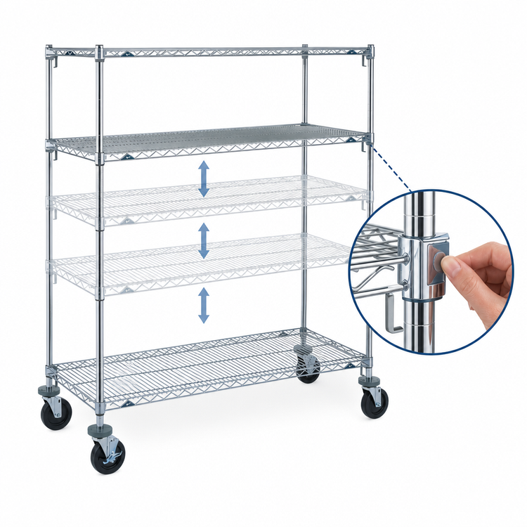 Product image #3 for Metro Super Erecta Super Adjustable 4-Shelf Wire Stem Caster Cart, 48 x 24 Inch, Chrome, 5-Inch Casters