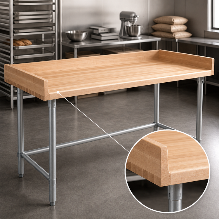 Product image #3 for John Boos 60 x 30 Inch Wood Top Bakers' Table with Galvanized Base and 4-Inch Coved Riser