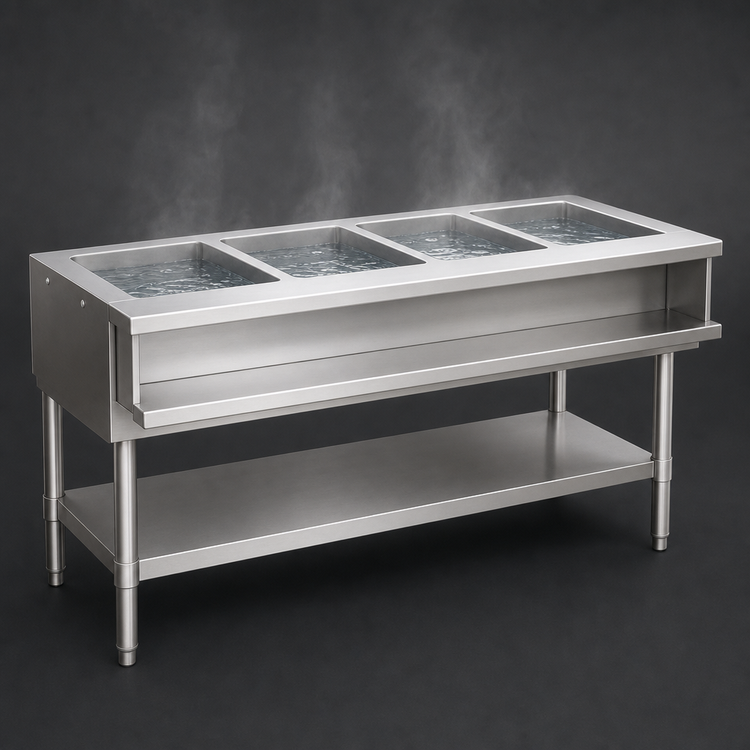 Product image #3 for Eagle Group 63-1/2 Inch Water Bath Hot Food Table, Open Base with Undershelf, Liquid Propane, 4-Well