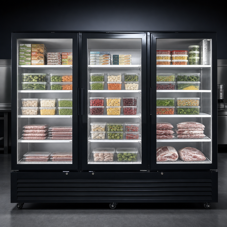 Product image #3 for Atosa Three-Section Glass Door Freezer Merchandiser, 68 Cu. Ft., Bottom-Mount Self-Contained, Black Exterior