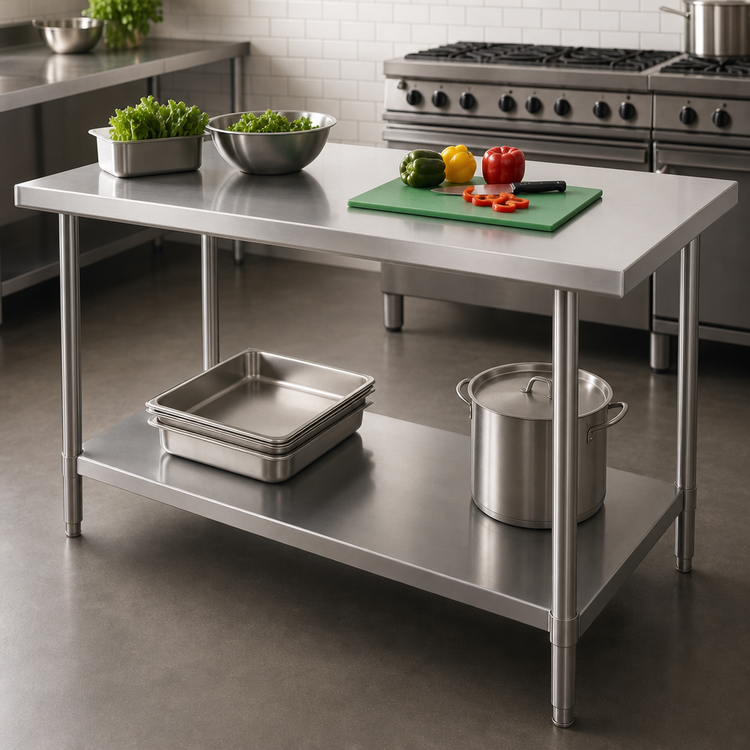 Product image #3 for Thunder Group 72-Inch x 30-Inch 18-Gauge 430 Stainless Steel Flat Top Work Table with Undershelf