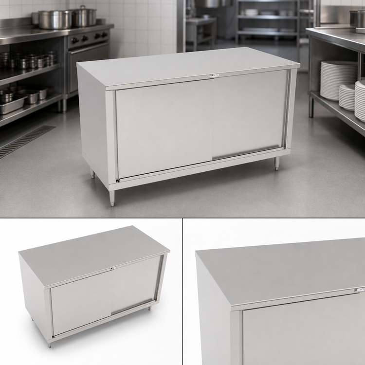 Product image #3 for John Boos 60" W x 36" D Flat Top Stainless Steel Cabinet Base Work Table with Sliding Doors