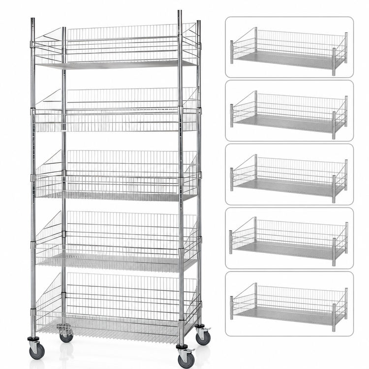 Product image #3 for Quantum Chrome-Plated Post Basket Cart with 5 Baskets, 48W x 18D x 80H, 1200 lb Capacity