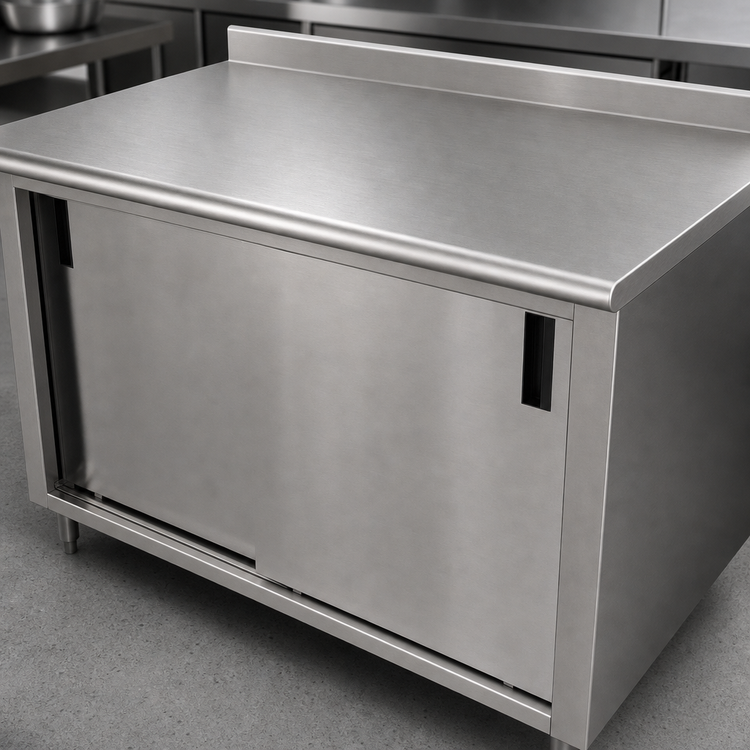 Product image #3 for Advance Tabco 60 Inch x 24 Inch Enclosed Stainless Steel Work Table with Cabinet Base, Mid-Shelf, Sliding Doors, and Rear Up-Turn