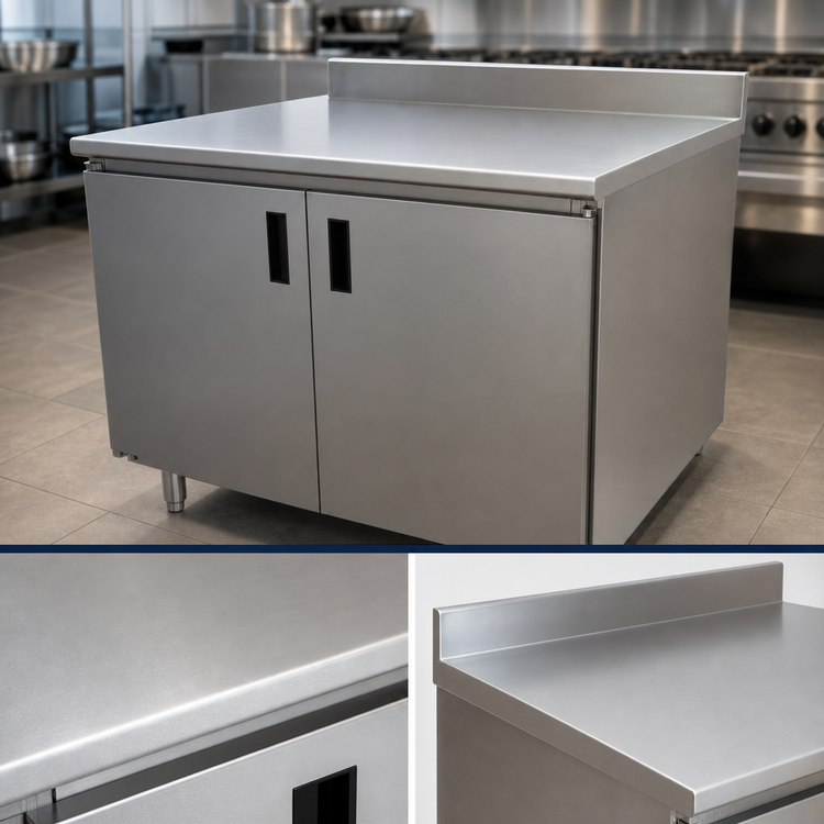 Product image #3 for Advance Tabco 108-Inch Stainless Steel Enclosed Work Table with Cabinet Base, Mid-Shelf, Hinged Doors, 14-Gauge 304 Top, and 5-Inch Backsplash