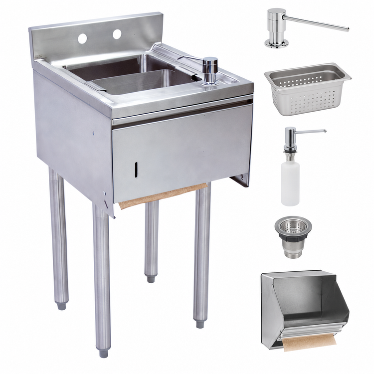Product image #3 for BK Resources 15-Inch Single-Compartment Underbar Dump Sink with Splash-Mount Faucet, Soap & Towel Dispenser