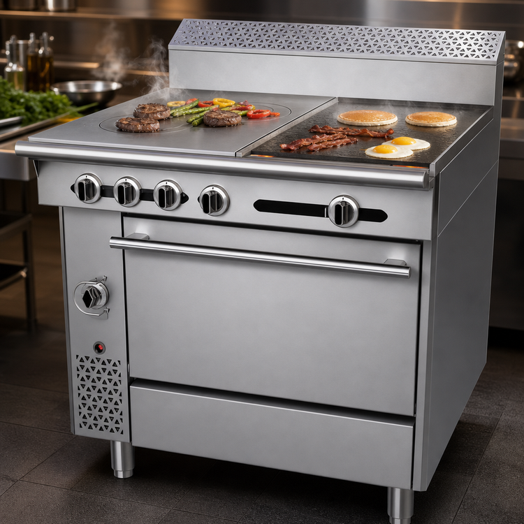 Product image #3 for Garland Cuisine Series 36-Inch Heavy-Duty Gas Combination Top Range with 18-Inch Even-Heat and Front-Fired Hot Tops, Standard Oven