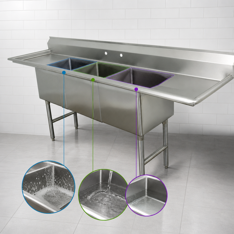 Product image #3 for Advance Tabco 3-Compartment Fabricated Sink with Left & Right Drainboards, 20 x 30 x 14 Inch Compartments, 16-Gauge 304 Stainless Steel