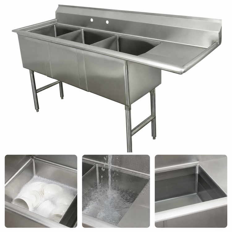 Product image #3 for Advance Tabco 3-Compartment Sink with Right Drainboard, 18 x 24 x 14 Inch Bowls, 16 Gauge 304 Stainless Steel