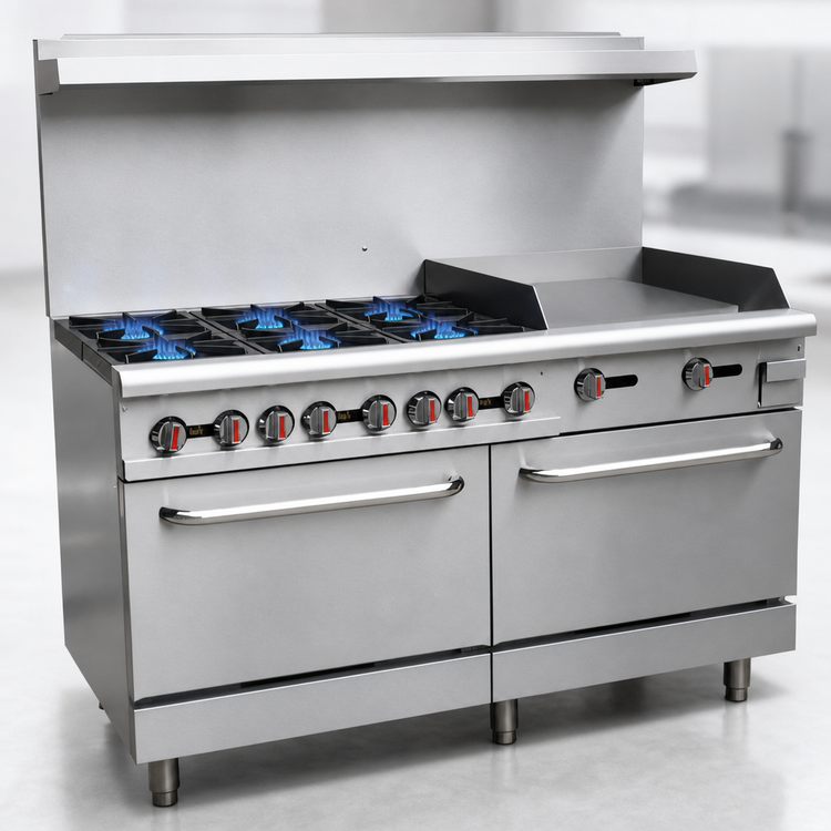 Product image #3 for Omcan USA 60-Inch Natural Gas Commercial Range with 6 Open Burners, 24-Inch Right Griddle, and 2 Standard Ovens