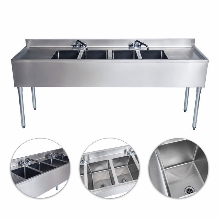 Product image #3 for BK Resources Slim-Line 4-Compartment Stainless Steel Underbar Sink with Dual Drainboards, 84 Inch Wide
