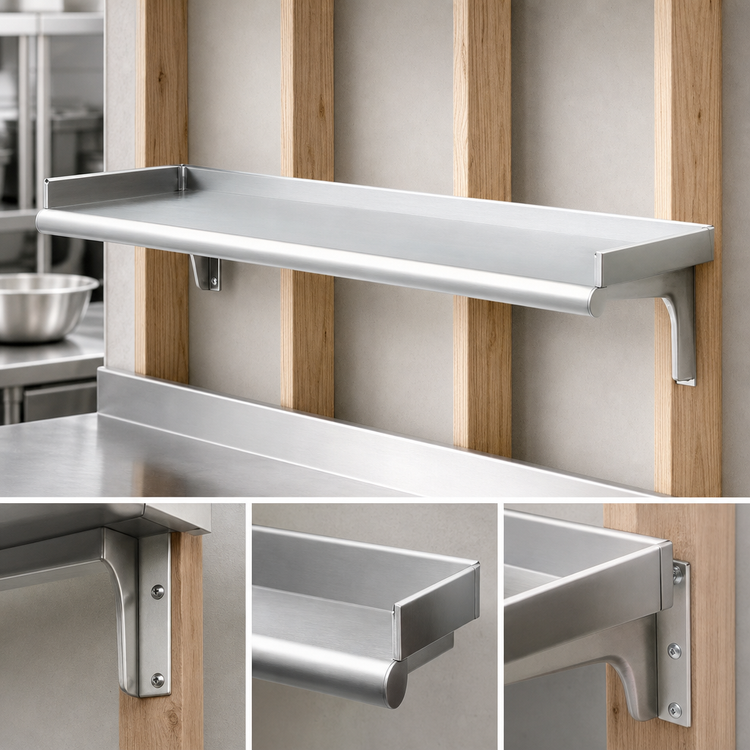 Product image #3 for Eagle Snap-n-Slide 72 Inch x 12 Inch Wall Shelf, Rolled Front Edge, 14/304 Stainless Steel