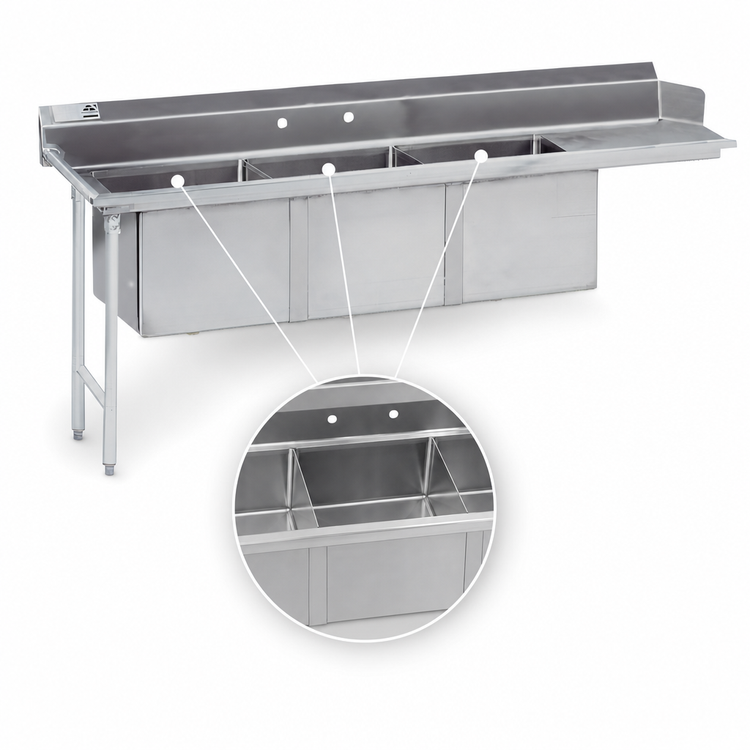 Product image #3 for Advance Tabco 66-Inch Left Drainboard 3-Compartment Sink Dishtable, 16-Gauge 304 Stainless Steel
