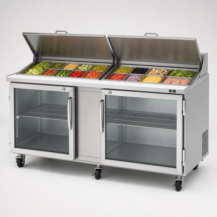 Product image #3 for Turbo Air PRO 72-Inch 2-Section Refrigerated Sandwich/Salad Prep Table with 18-Pan Top and Glass Doors