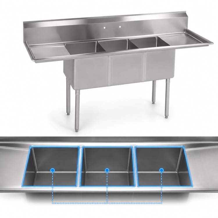 Product image #3 for John Boos E-Series 3-Compartment Stainless Steel Sink with Left and Right Drainboards, 120-Inch