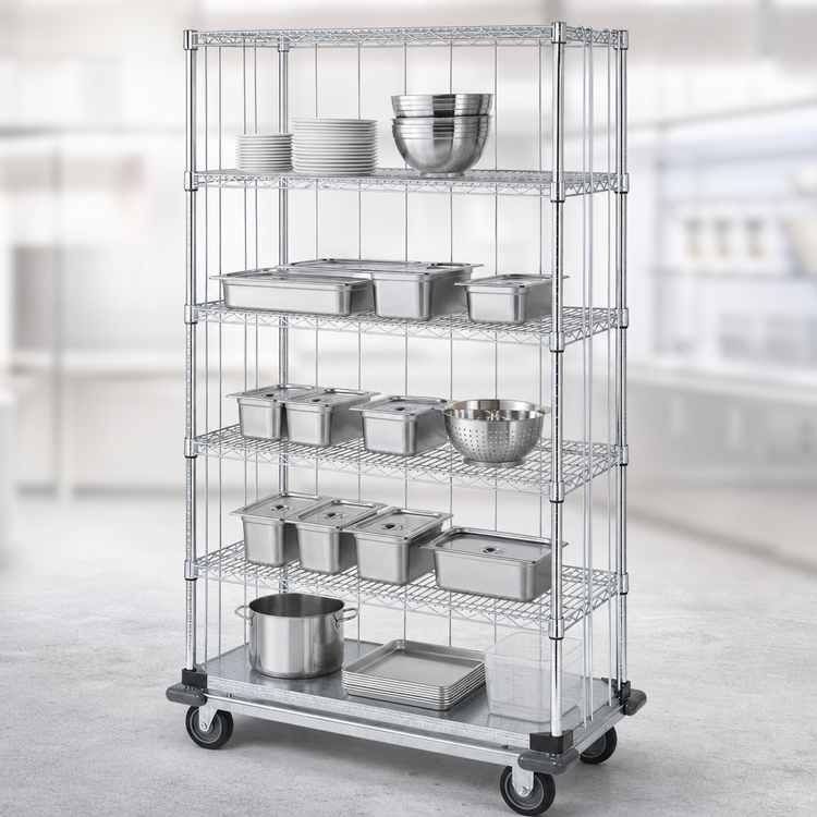 Product image #3 for Quantum Mobile Enclosure Wire Shelving Cart, 48-Inch W x 24-Inch D x 81-Inch H, Chrome-Plated