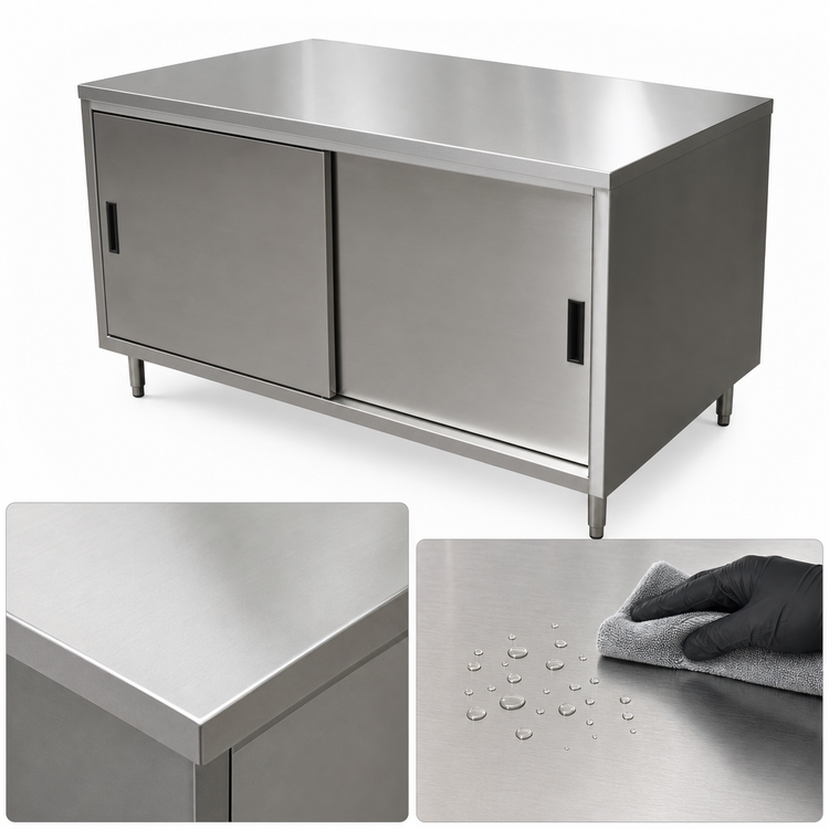 Product image #3 for BK Resources Stainless Steel Chef Table with Cabinet Base and Sliding Doors, 36 x 24 Inch